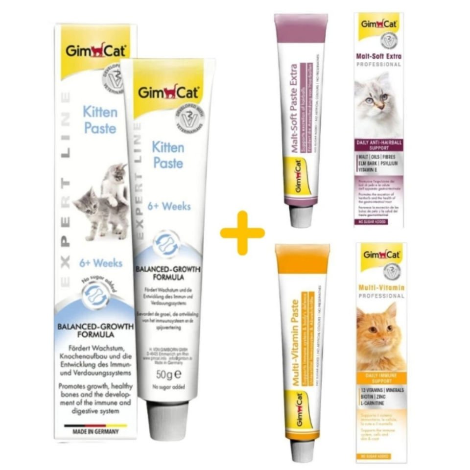 GimCat Kitten Paste Kalsiyum 50 gr + Anti-Hairball Malt 20 gr + Multivitamin Paste 20 gr