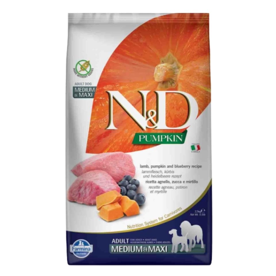 N&D Pumpkin Tahılsız Balkabaklı Kuzu Etli Yaban Mersinli Orta ve Büyük Irk Yetişkin Köpek Maması 2.5 Kg