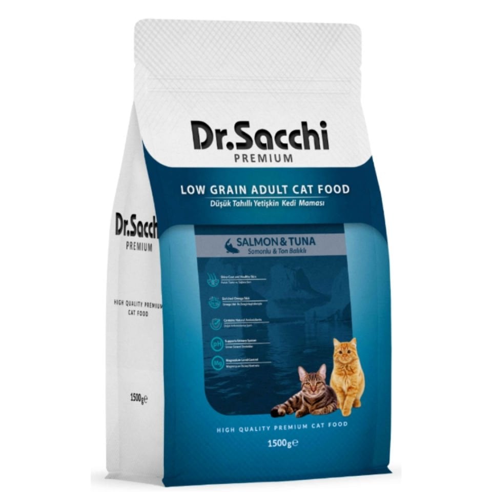 Dr.Sacchi Premium Düşük Tahıllı Somonlu ve Ton Balıklı Kedi Maması 1,5 Kg