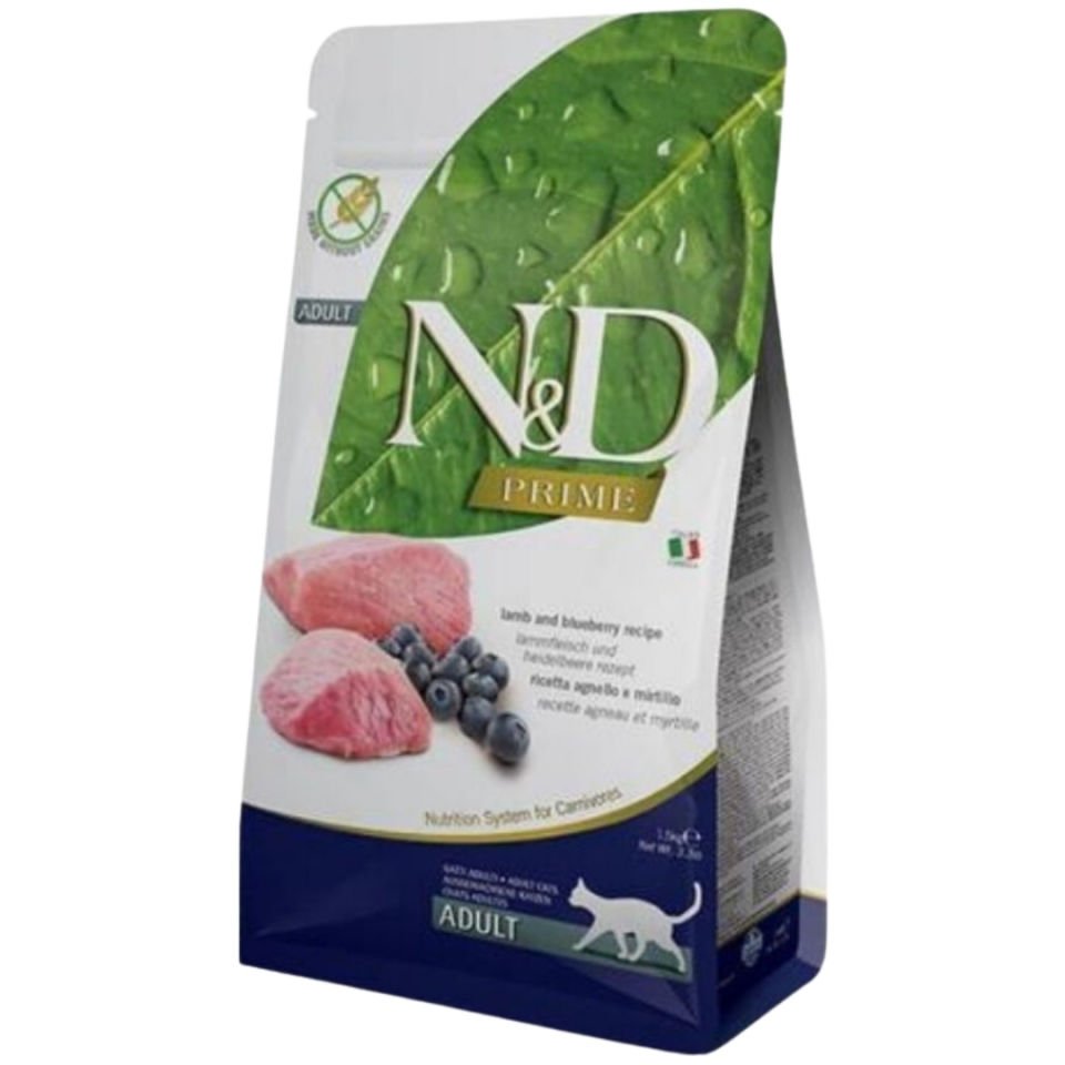 N&D Prime Kuzu Etli ve Yaban Mersinli Tahılsız Yetişkin Kedi Maması 1.5kg