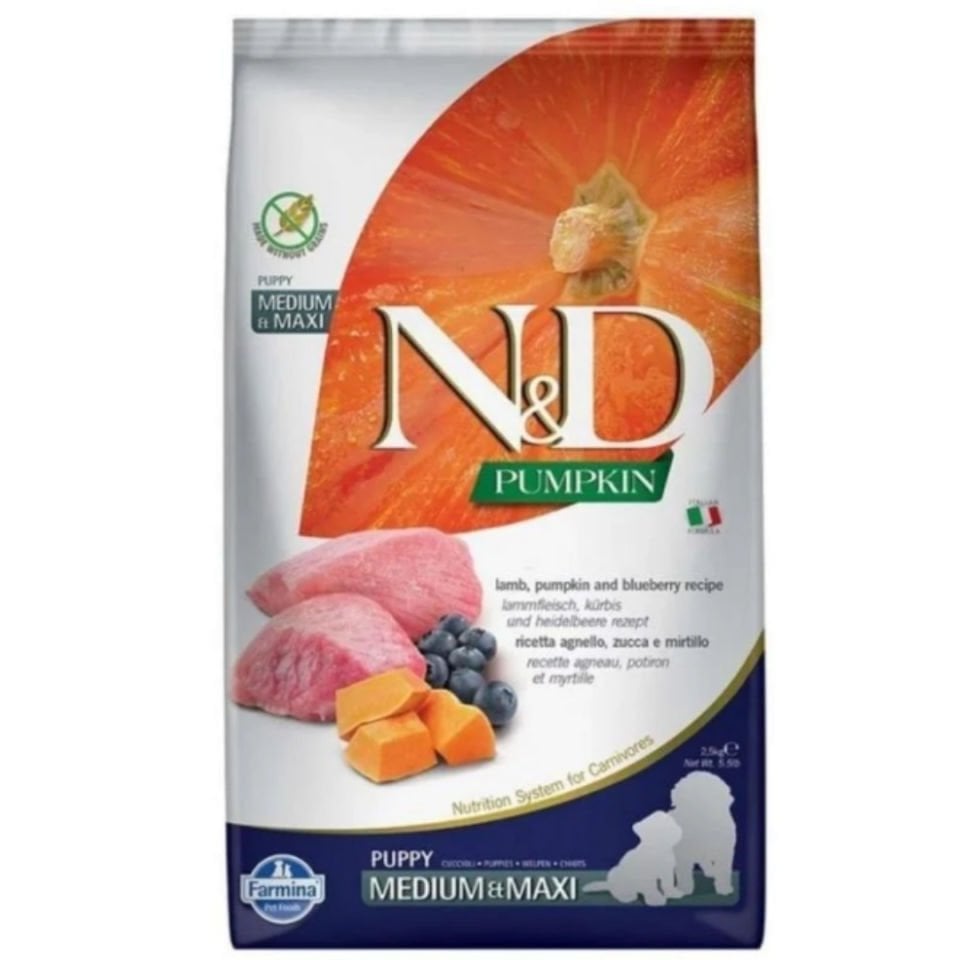 N&D Pumpkin Tahılsız Balkabaklı Kuzu Etli Yaban Mersinli Orta ve Büyük Irk Yavru Köpek Maması 2.5 Kg