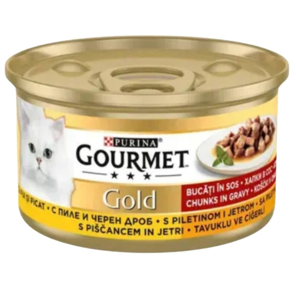 Gourmet Gold Soslu Parça Etli Tavuklu ve Ciğerli Kedi Konservesi 85gr