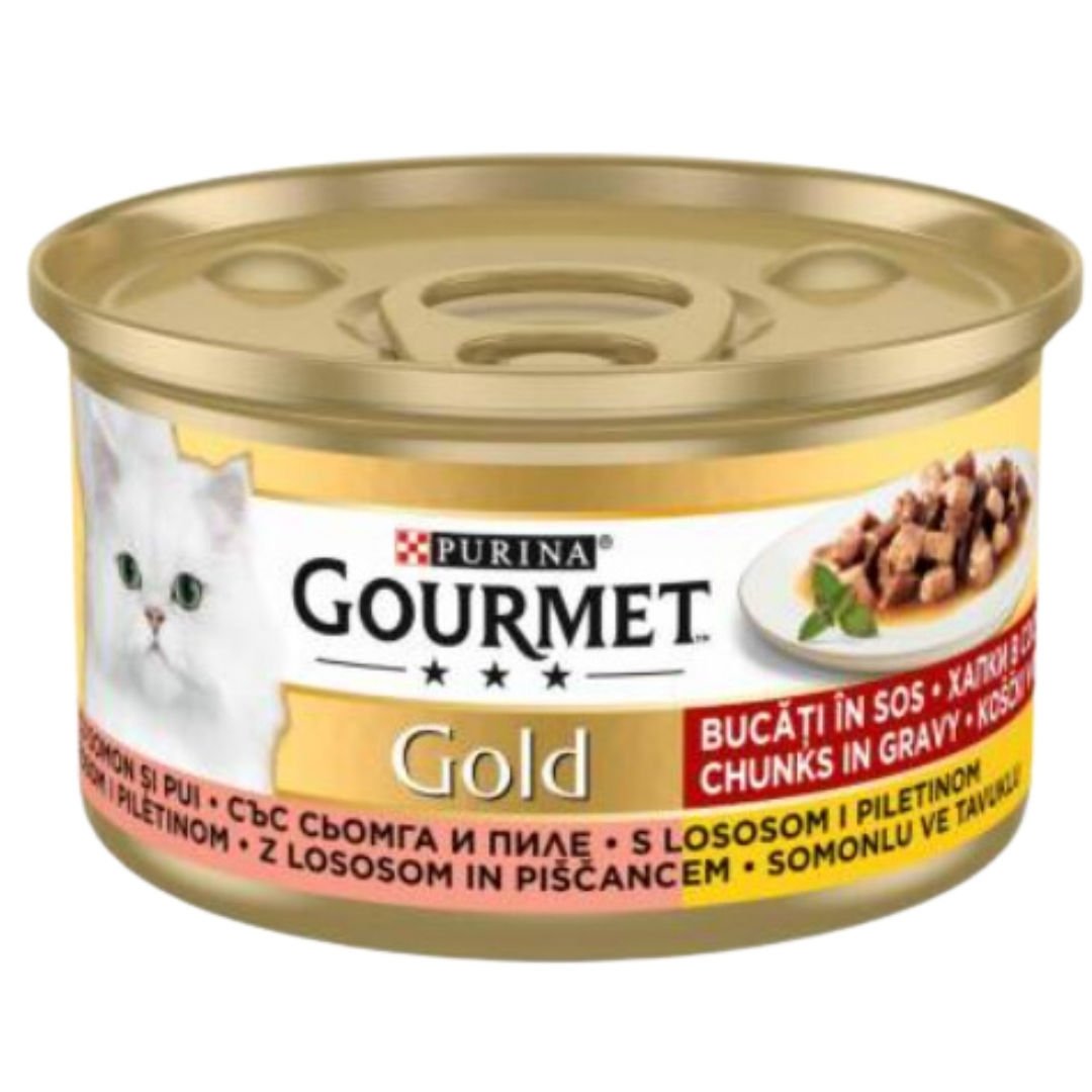 Gourmet Gold Parça Etli Soslu Somonlu Tavuklu Yetişkin Kedi Konservesi 85 Gr